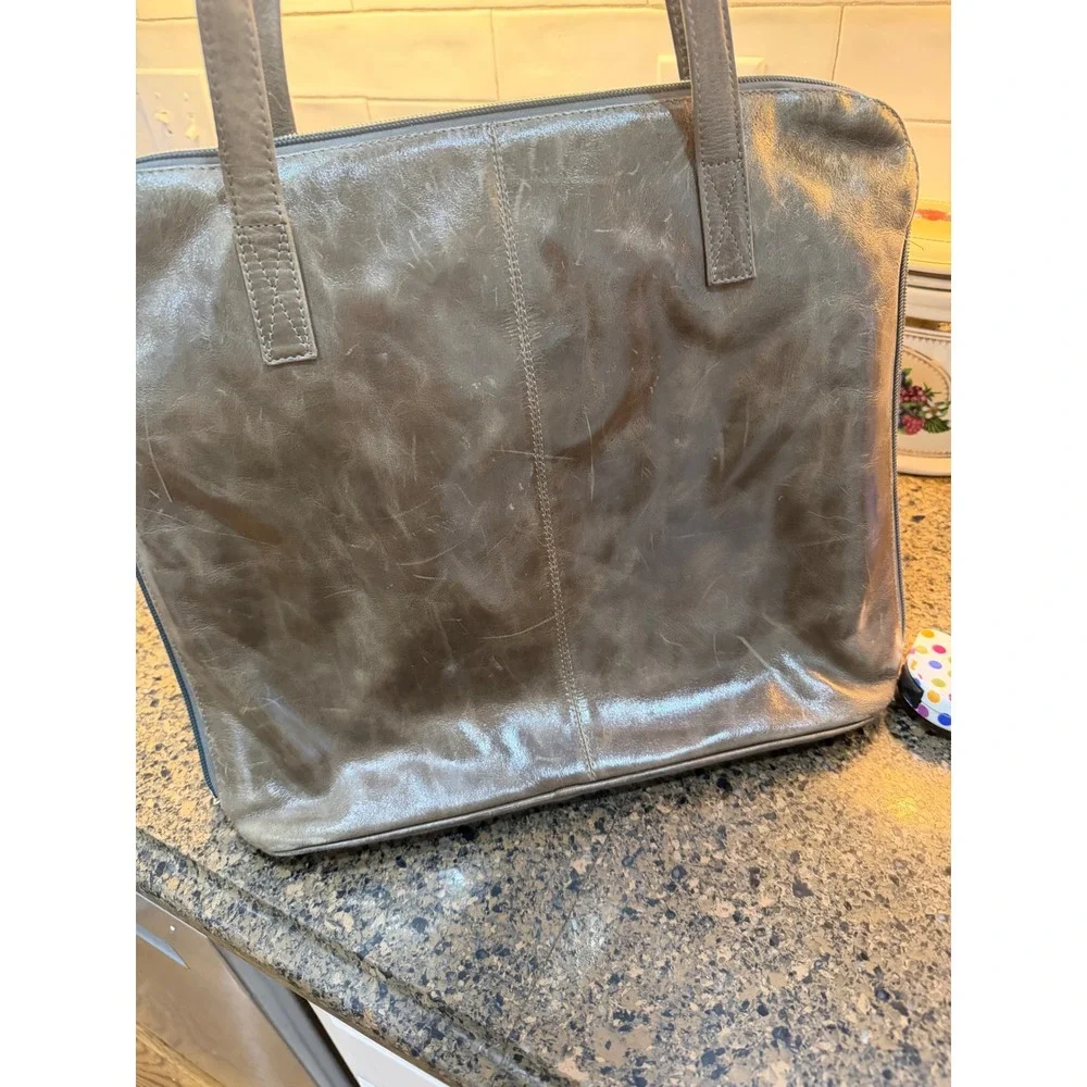 P‎ Sherrod Leather Tote Bag Gray Pebbled Top Zip Work Laptop Office